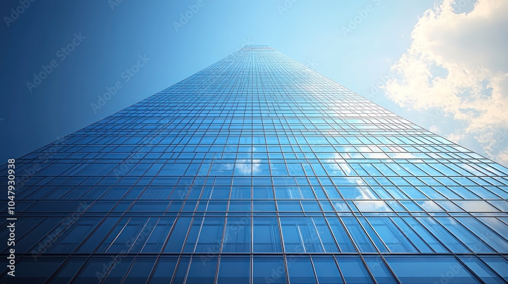 A tall glass skyscraper reaching towards a clear blue sky. A tall glass skyscraper reaching towards a clear blue sky.