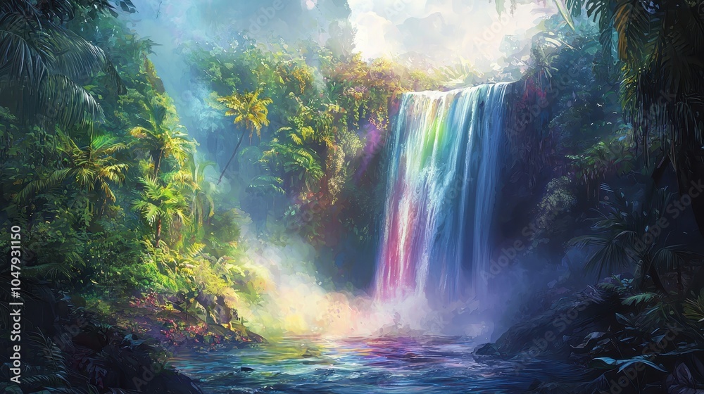 Obraz premium Tropical Waterfall Surrounded by Lush Green Jungle
