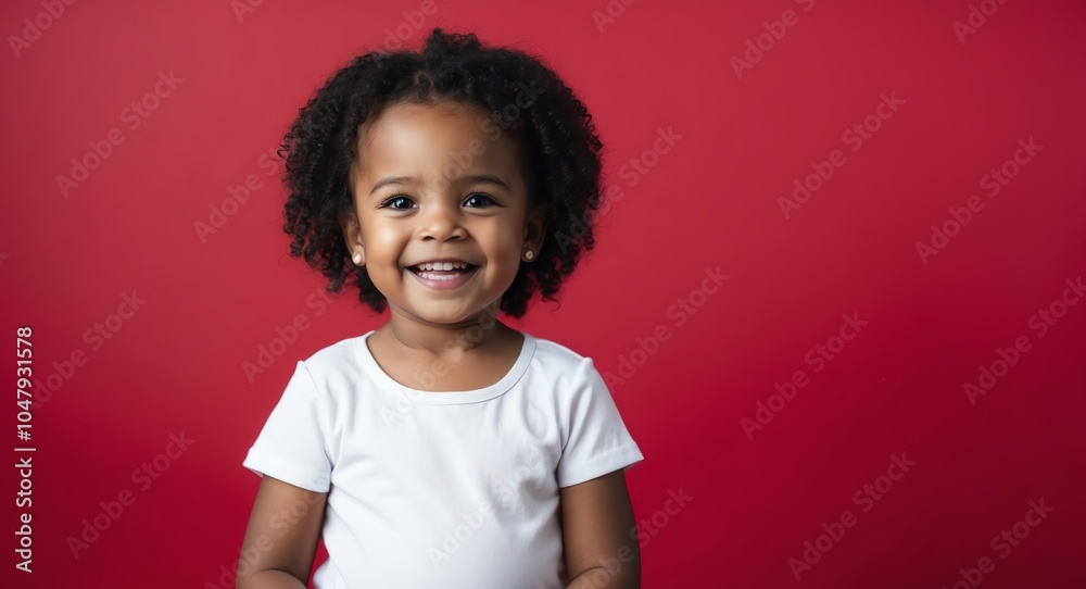 african toddler girl red background wearing plain white tshirt smiling happy portrait