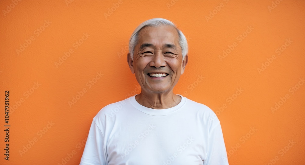 east asian elderly man orange background wearing plain white tshirt smiling happy portrait east asian elderly man orange background wearing plain white tshirt smiling happy portrait