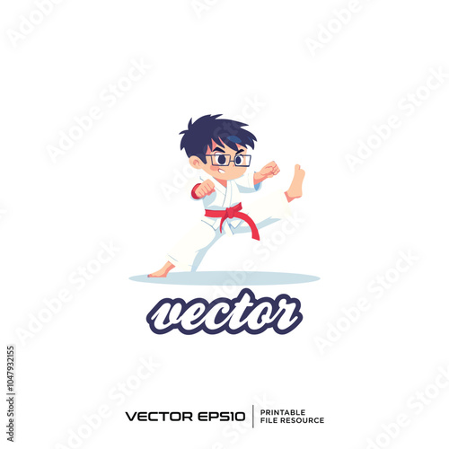 Dynamic Cartoon Karate Kid in Action with Red Belt and Glasses Vector Illustration