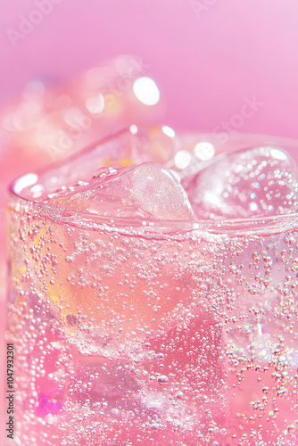 Sparkling cream soda with bubbles and ice cubes creates refreshing drink experience. vibrant pink background enhances visual appeal, making it perfect for summer enjoyment