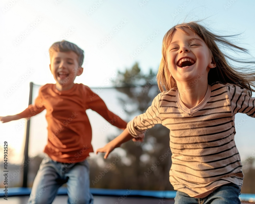 Fototapeta premium Two joyful children jump on a trampoline, smiling and enjoying the sunshine in a playful outdoor setting.