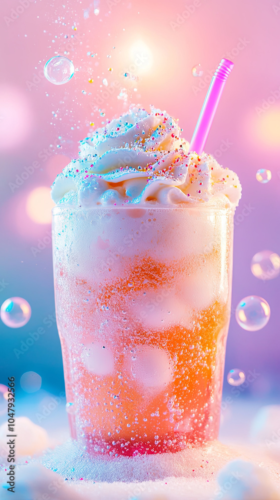 Iced cream soda with whipped foam and colorful sprinkles creates refreshing and vibrant drink. bubbles and bright colors evoke joyful and celebratory mood