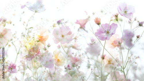 Abstract design with soft blooming flowers and pastel tones, creating a springtime ambiance, isolated on white