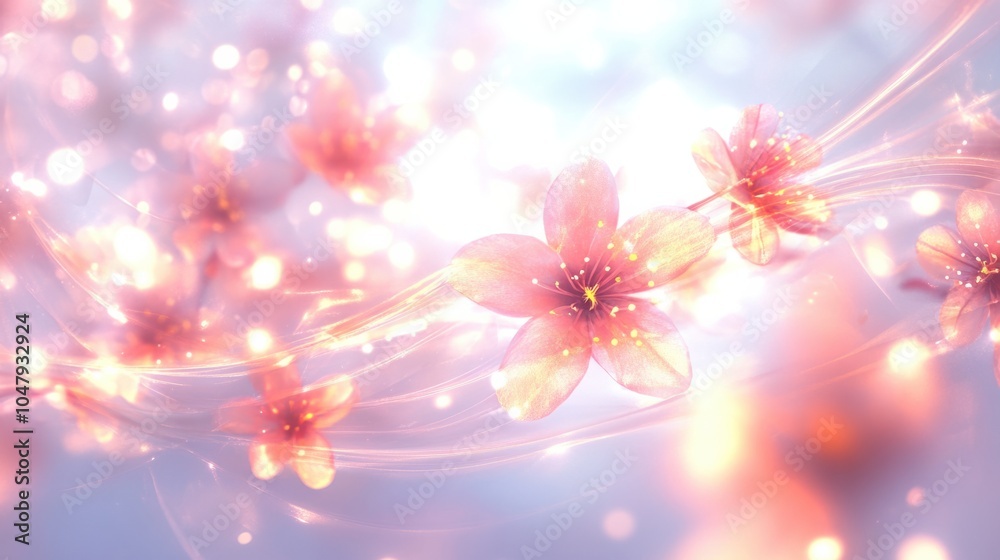 Abstract spring background featuring glowing blossoms and swirling light patterns, creating a fresh feel, isolated on white Abstract spring background featuring glowing blossoms and swirling light patterns, creating a fresh feel, isolated on white