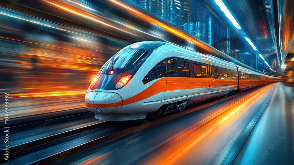 Fototapeta premium In the evening, a high-speed train travels between high-rise buildings in the city
