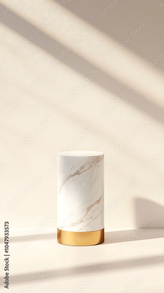 Elegant marble cylinder table with golden base casting soft shadows in minimalist interior design space Elegant marble cylinder table with golden base casting soft shadows in minimalist interior design space