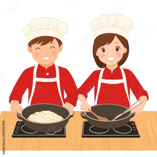 Two cheerful chefs cooking in a kitchen, preparing meals together.