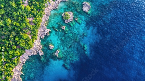 Aerial View of Tropical Coastline and Clear Water