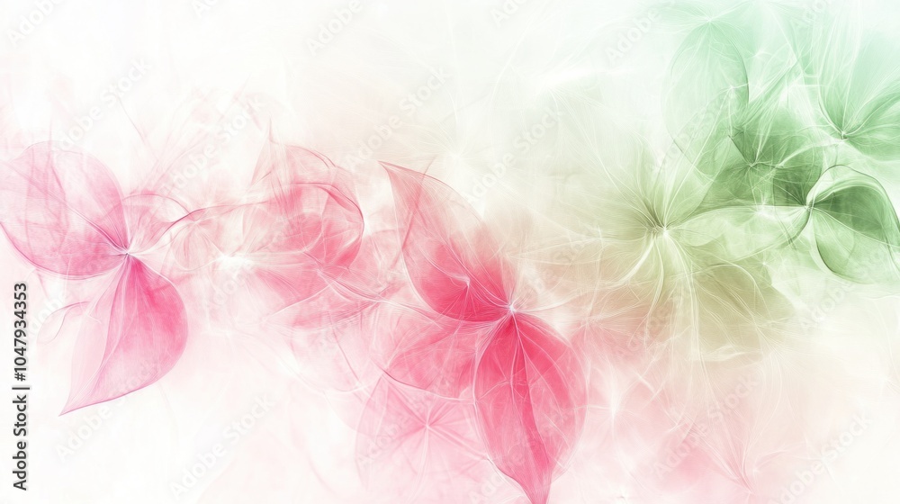 Abstract spring design with glowing floral patterns and soft light effects in pink and green, isolated on white Abstract spring design with glowing floral patterns and soft light effects in pink and green, isolated on white