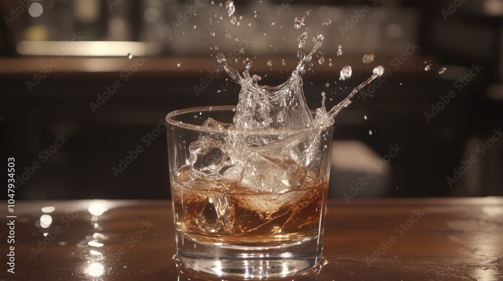 Splash of Ice in Glass of Whiskey on Bar Counter Splash of Ice in Glass of Whiskey on Bar Counter