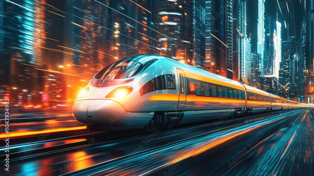 In the evening, a high-speed train travels between high-rise buildings in the city In the evening, a high-speed train travels between high-rise buildings in the city