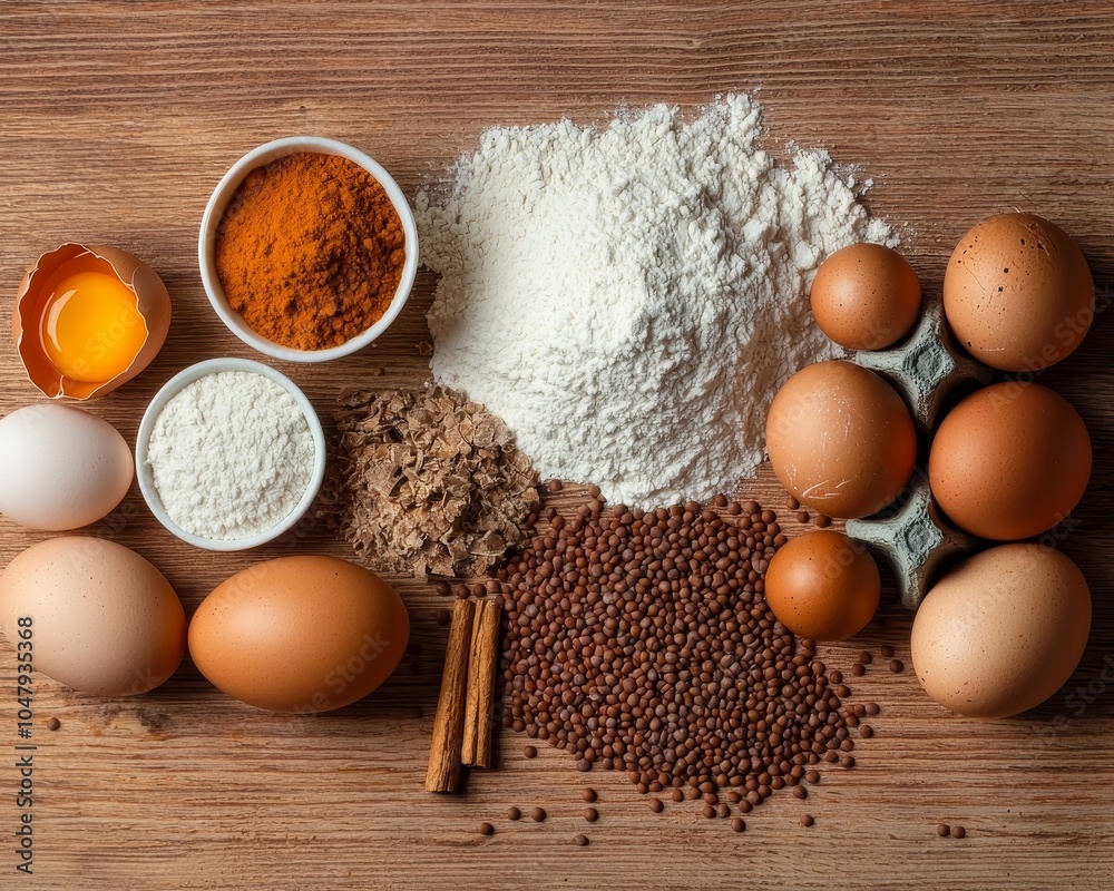 Artisanal Ingredients Tabletop Composition Rustic Flour, Eggs, Spice, and Cinnamon Sticks on Wooden Surface - Warm Tones, Textures, Baking Inspiration Artisanal Ingredients Tabletop Composition Rustic Flour, Eggs, Spice, and Cinnamon Sticks on Wooden Surface - Warm Tones, Textures, Baking Inspiration