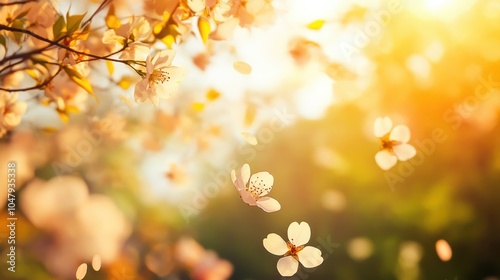 Abstract spring scene with floating petals and warm sunlight, creating a vibrant, blossoming atmosphere, isolated on white
