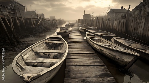 Rowboats Lined Up on Wooden Dock in Misty Morning.