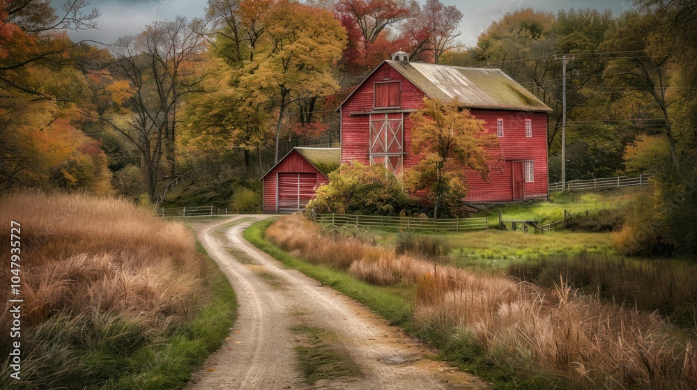 Red Barn with Wooden Fence and Dirt Road in Autumnal Landscape Red Barn with Wooden Fence and Dirt Road in Autumnal Landscape