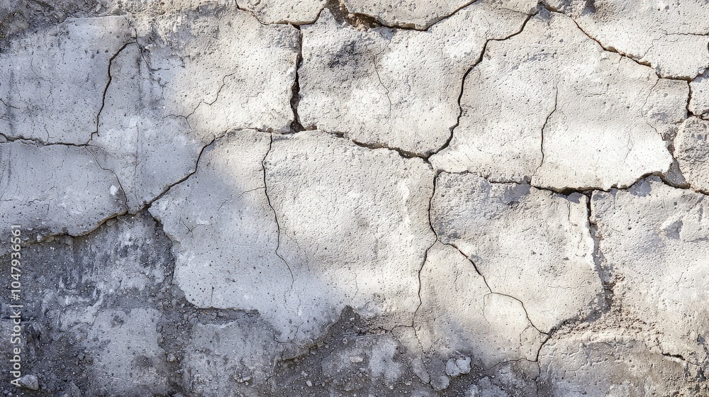 Obraz premium Close-up of a cracked white concrete wall with a network of thin cracks.