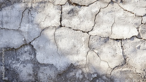 Close-up of a cracked white concrete wall with a network of thin cracks.