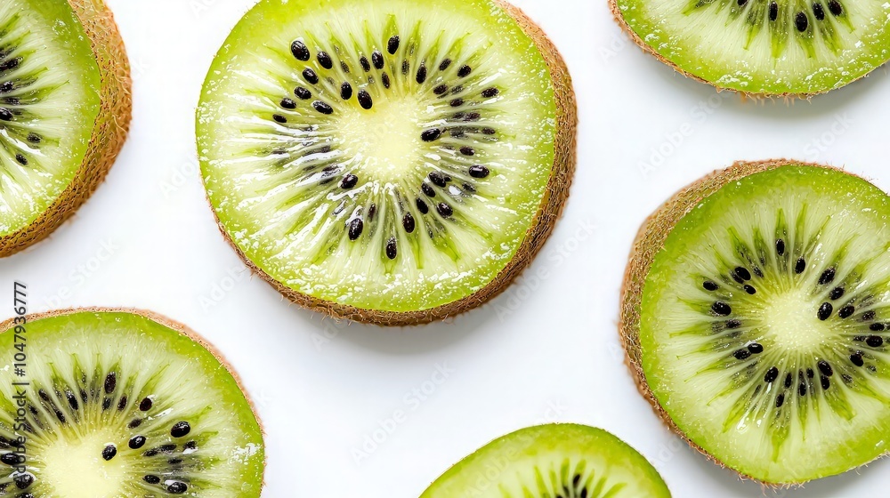 Fototapeta premium Close-up of fresh green kiwi fruit slices on white background.