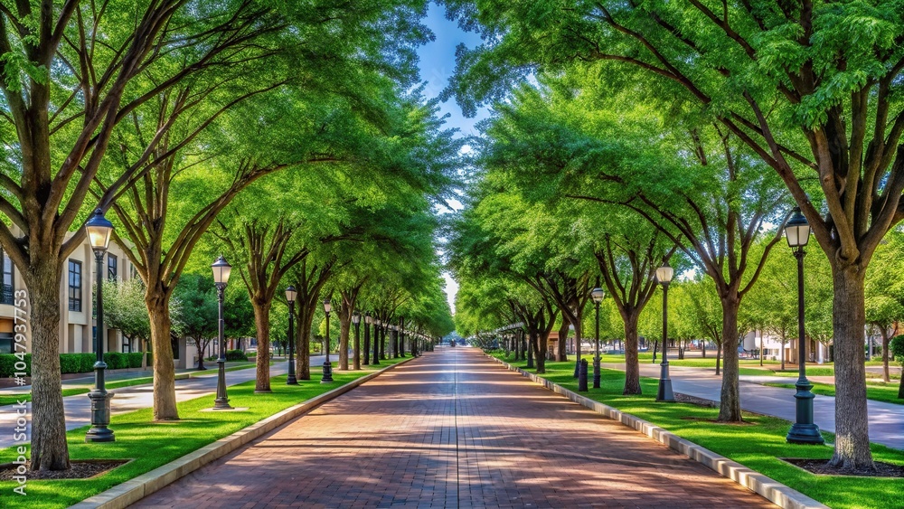 Obraz premium Symmetrical tree lined path in downtown Frisco TX Texas