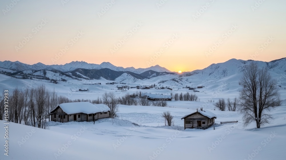 Serene Winter Wonderland Panoramic Snow-Covered Landscape with Wooden Houses and Majestic Mountains at Sunset Serene Winter Wonderland Panoramic Snow-Covered Landscape with Wooden Houses and Majestic Mountains at Sunset