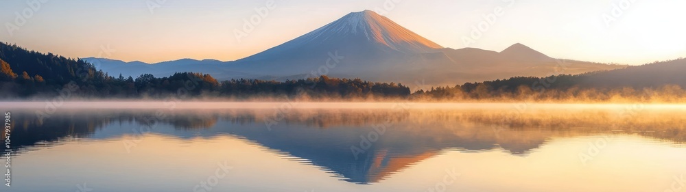 Obraz premium Volcanic Mountain at Sunrise Reflected in Lake