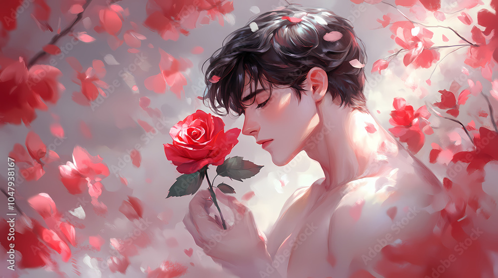 Fototapeta premium Romantic Anime Fitness Guy with Rose: Valentine's Illustration