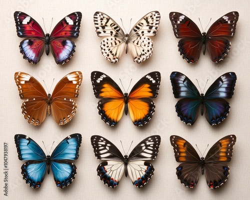 Symmetrical Butterfly Elegance Colorful Grid of Nine Butterflies on Textured Background - Serene Nature Display for Home Decor or Educational Materials