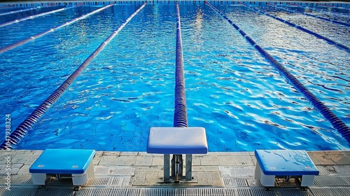 Empty Olympic-size swimming pool with starting blocks.