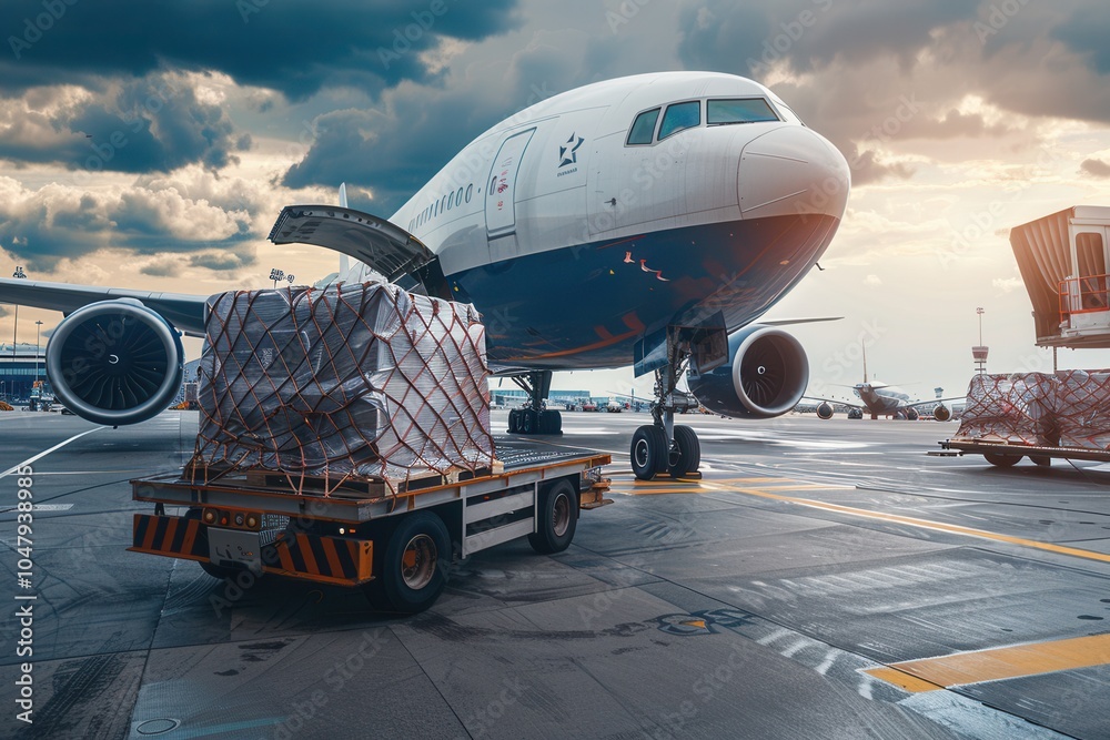 A cargo airplane is parked on the runway, being loaded and unloaded with containers as airport equipment surrounds it during twilight hours. Generative AI A cargo airplane is parked on the runway, being loaded and unloaded with containers as airport equipment surrounds it during twilight hours. Generative AI