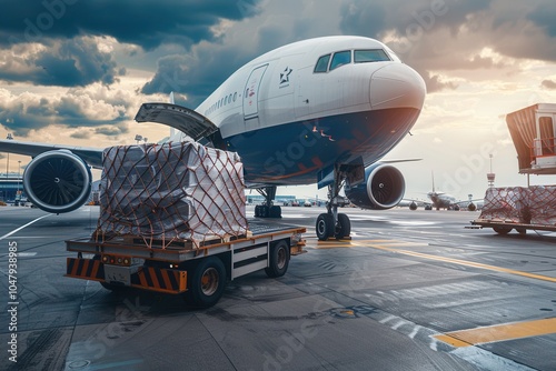 A cargo airplane is parked on the runway, being loaded and unloaded with containers as airport equipment surrounds it during twilight hours. Generative AI