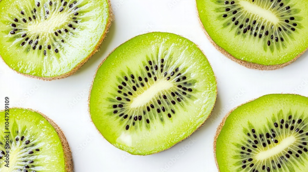 Fototapeta premium Five slices of kiwi fruit arranged in a pattern on a white background.
