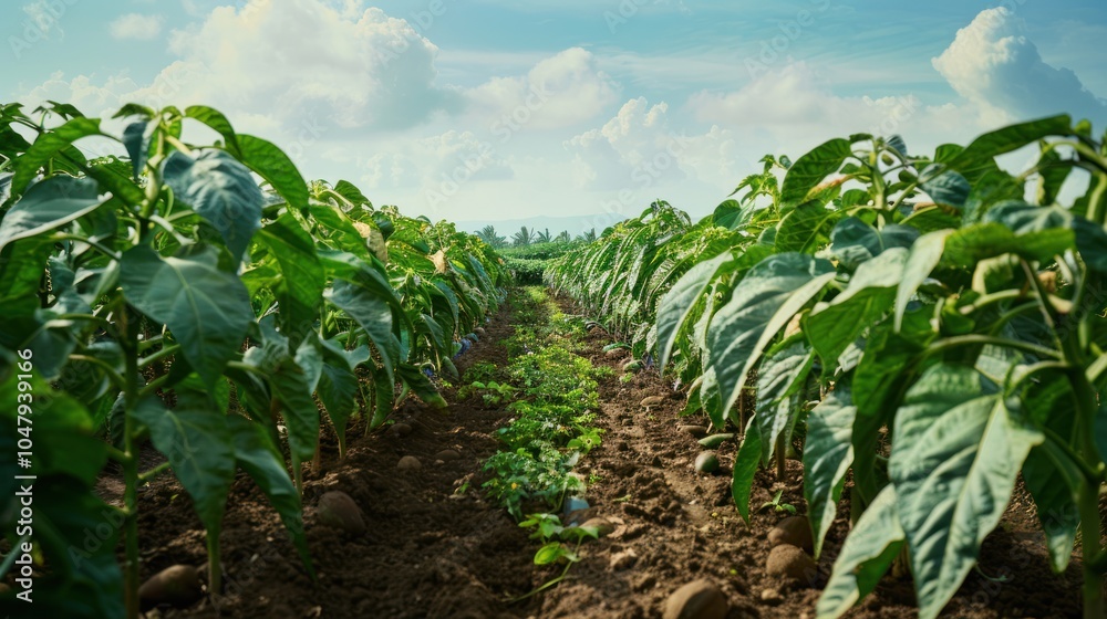 A Row of Lush Green Plants in a Field A Row of Lush Green Plants in a Field