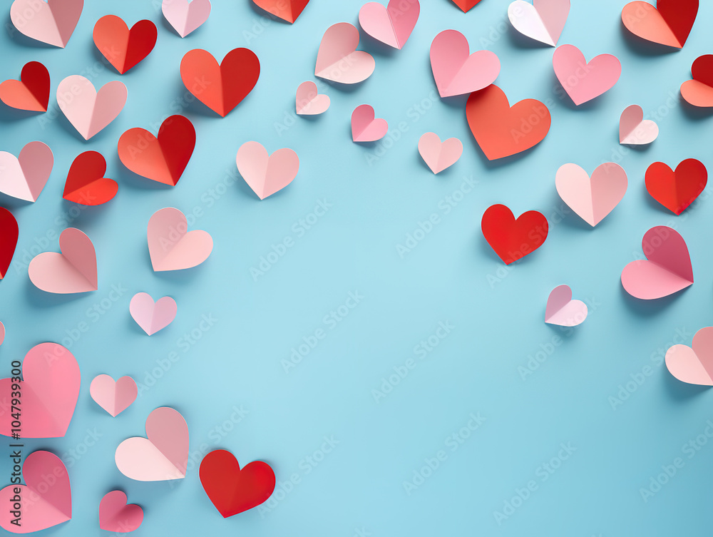 Valentine's Day Background: Pink and Red Paper Hearts on Blue Pastel