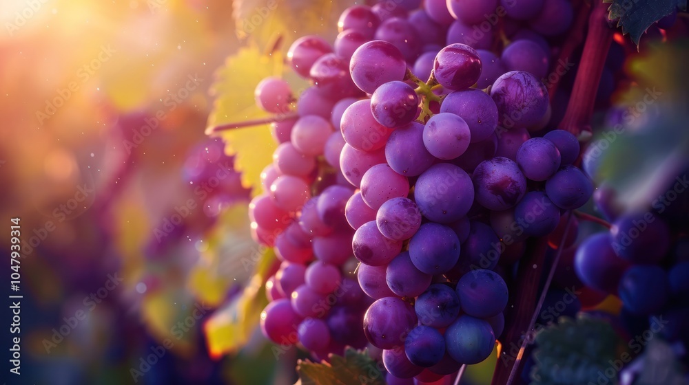 Close-Up of a Bunch of Ripe Purple Grapes on a Vine in Warm Sunlight Close-Up of a Bunch of Ripe Purple Grapes on a Vine in Warm Sunlight