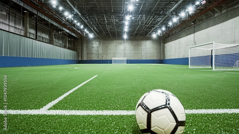Indoor soccer field with a soccer ball on the turf.