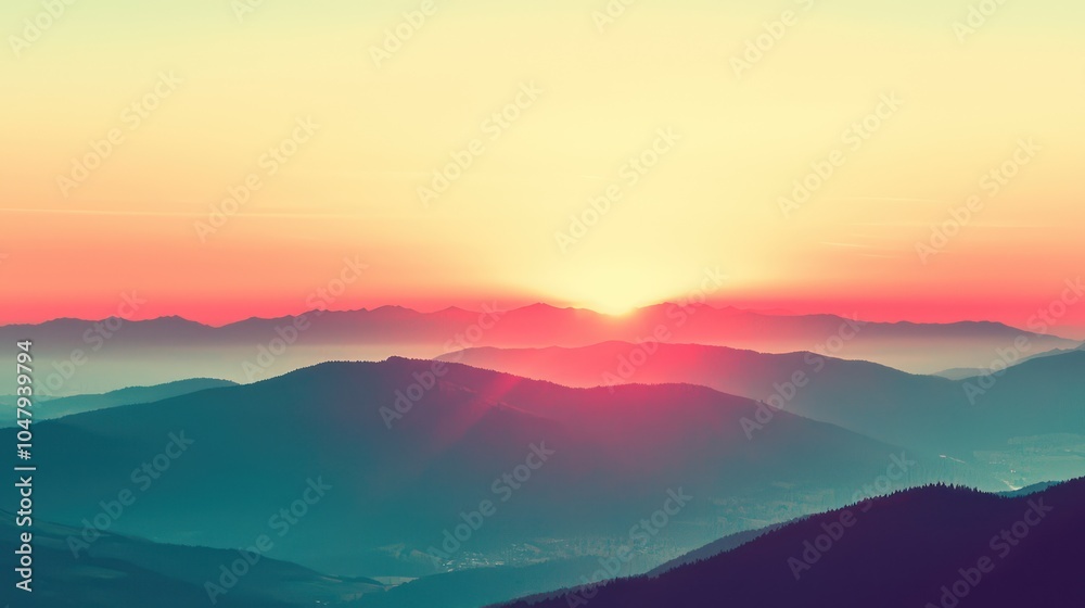 Obraz premium Panoramic View of Colorful Sunrise in Mountains