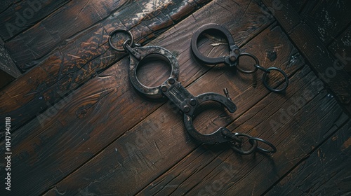 Vintage Handcuffs Resting on a Dark Wooden Surface