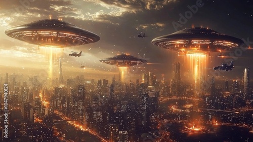 Alien Invasion over Earth Skyline : A dramatic scene of an alien invasion, with massive alien ships hovering over Earth major cities