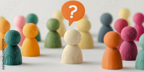A group of vibrant, colorful wooden figures with a central figure holding a question mark speech bubble, representing inquiry, curiosity, or confusion.