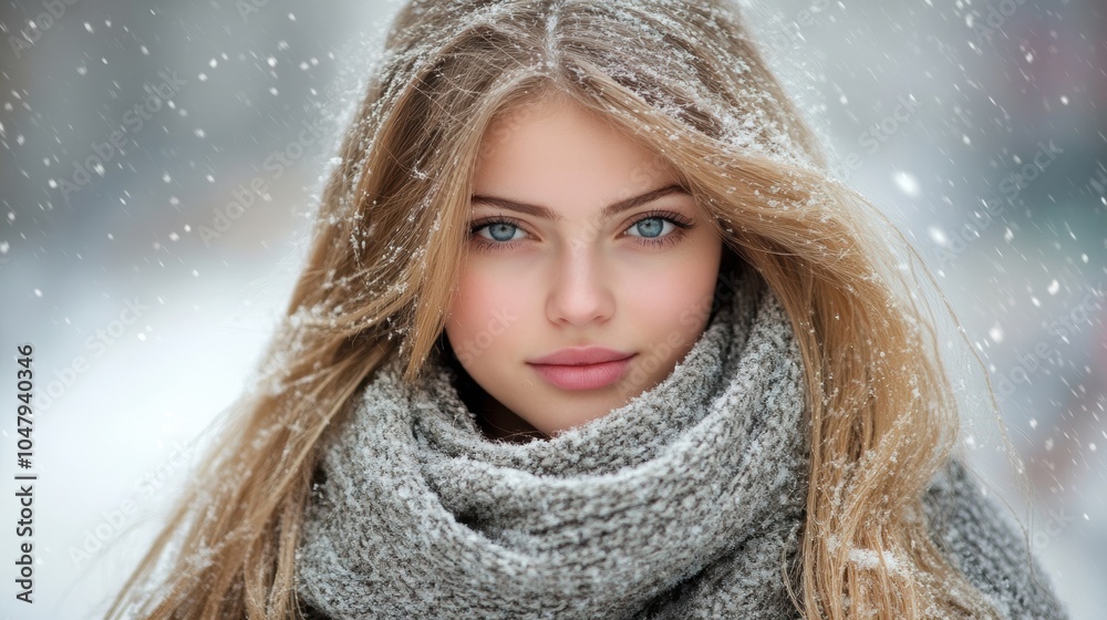 A stylish woman dressed in layered winter fashion, wearing a long wool coat, oversized scarf, and boots, walking through a snowy city street A stylish woman dressed in layered winter fashion, wearing a long wool coat, oversized scarf, and boots, walking through a snowy city street
