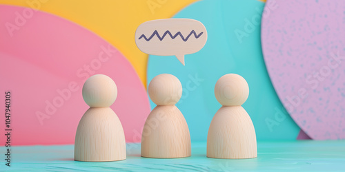 Three wooden figures communicating with a wavy line speech bubble, symbolizing abstract communication or unclear conversation on a colorful background.