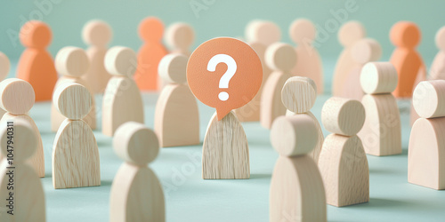 A minimalist scene of wooden figures, with one figure having a question mark speech bubble, symbolizing inquiry, doubt, or curiosity in a social context.
