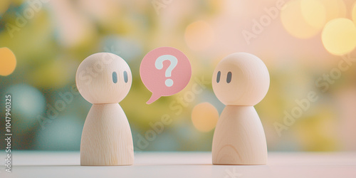 Two minimalist wooden figures conversing with a question mark speech bubble, symbolizing inquiry, doubt, or conversation, against a soft, blurred background.