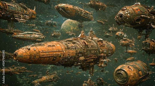 Spaceship Graveyard in Orbit : A massive graveyard of derelict spaceships floating in orbit around a decaying planet