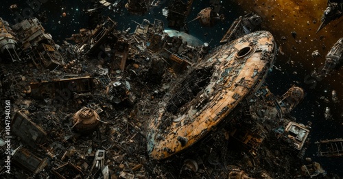 Spaceship Graveyard in Orbit : A massive graveyard of derelict spaceships floating in orbit around a decaying planet