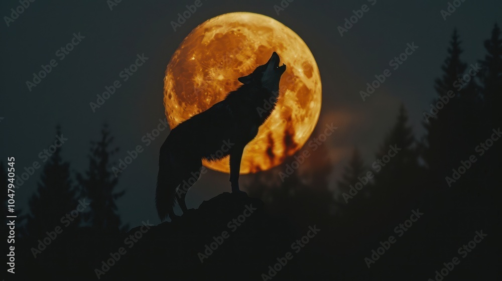 Wolf Silhouetted Against a Large Orange Moon in a Night Sky Wolf Silhouetted Against a Large Orange Moon in a Night Sky