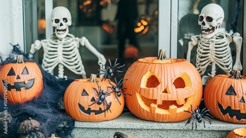 Pumpkins and skeletons on a window sill with spider decorations for Halloween.