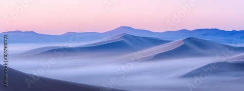 A surreal view of the Namib Desert's towering sand dunes under a blanket of dense fog at dawn, Desert scene, Surreal style